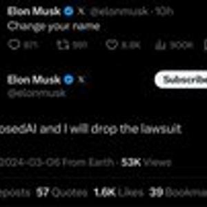 Preview thumbnail for Musk to drop lawsuit if OpenAI changes its name for ClosedAI